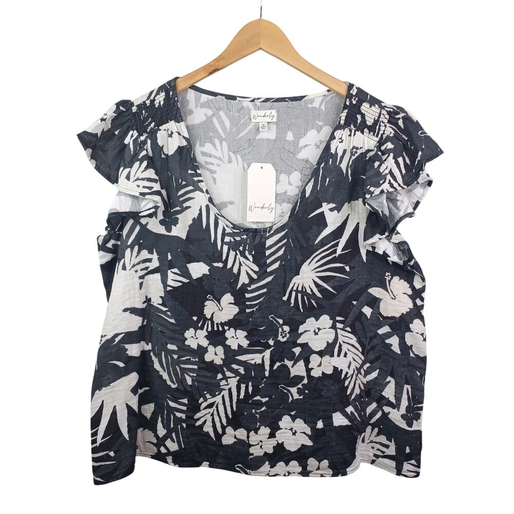Wonderly Womens Floral Flutter Sleeve Top Plus 1X Black Cotton Tropical Resort